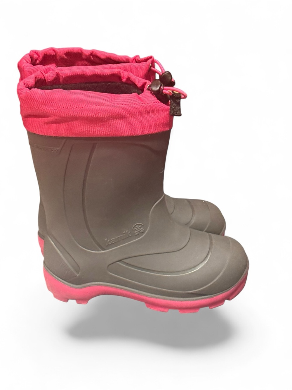 Kamik Kids Waterproof gray Rain Boots with Pink Trim and fleece lined